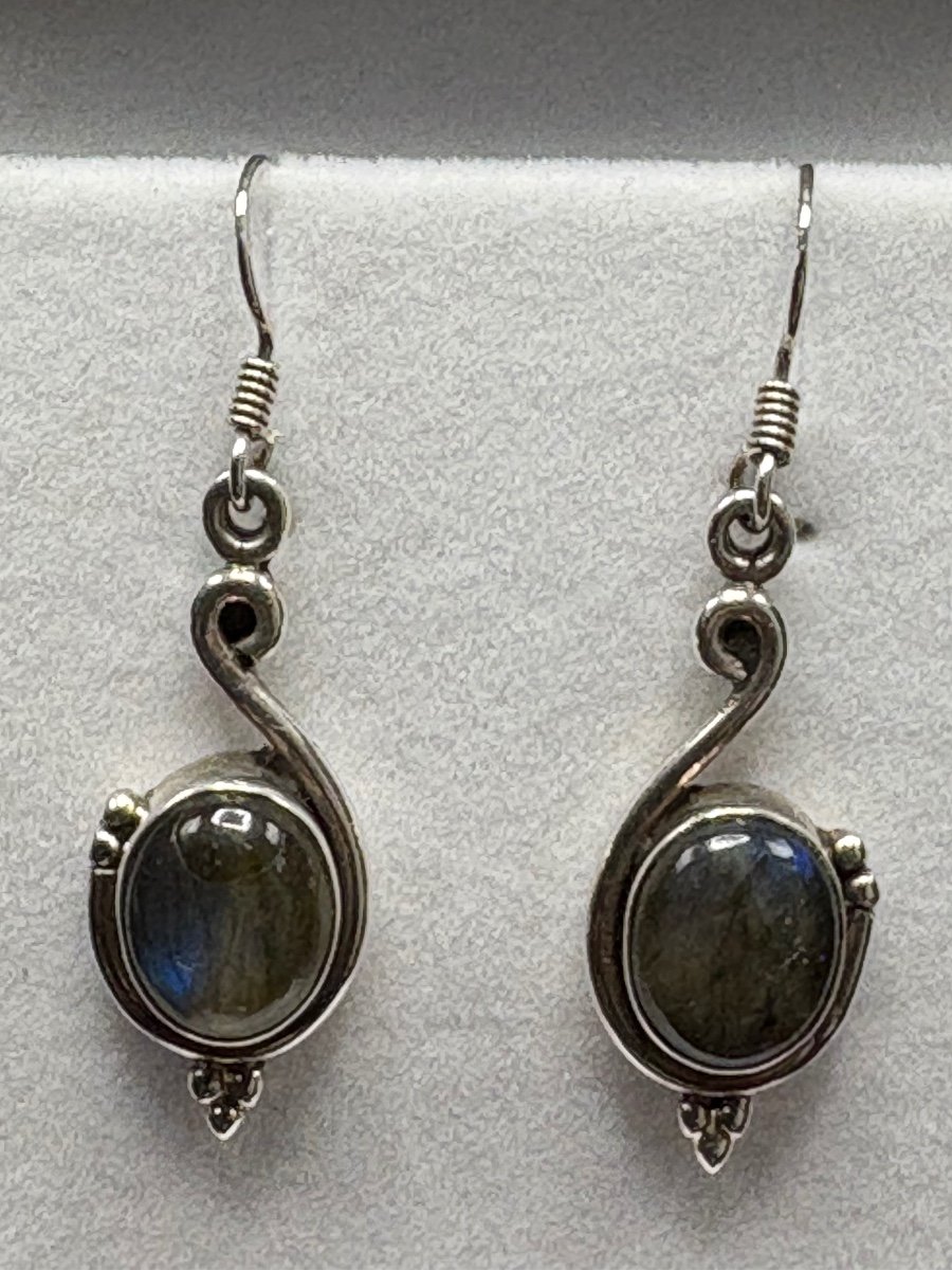 Paire De Boucles D’oreille En Argent Massif Et Cabochon De Labradorite Européen Des Années 1980-photo-2