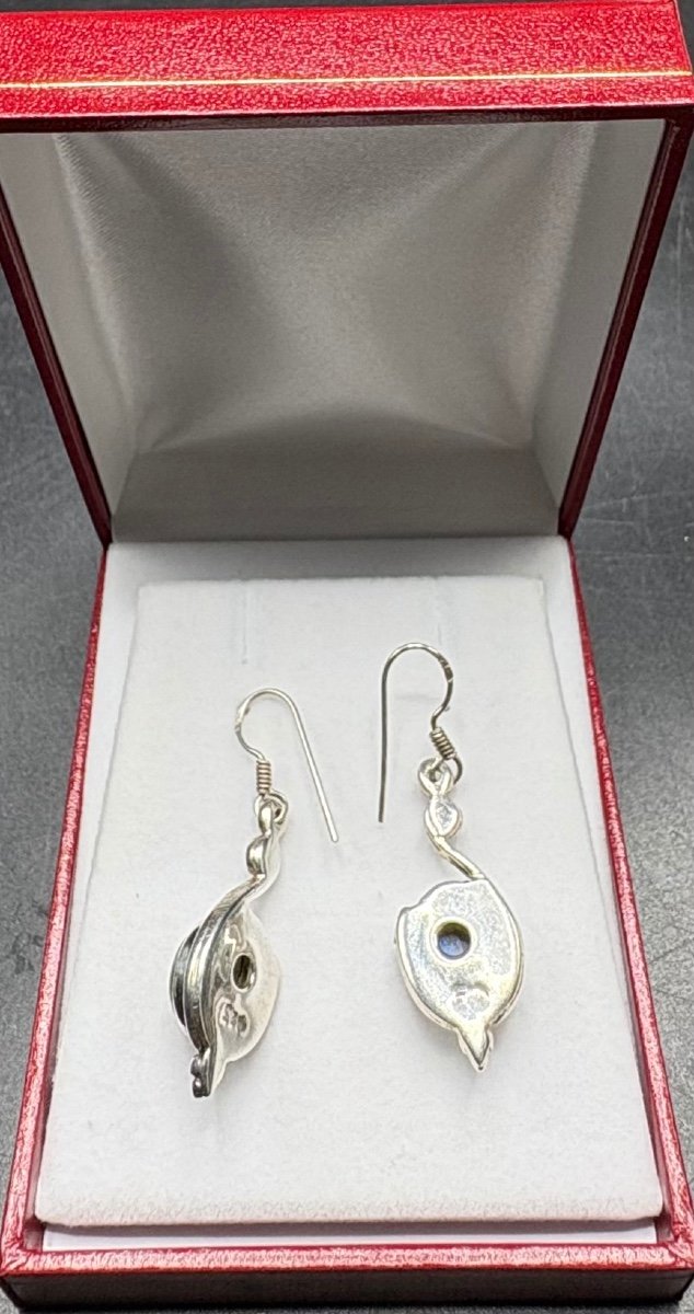 Paire De Boucles D’oreille En Argent Massif Et Cabochon De Labradorite Européen Des Années 1980-photo-3