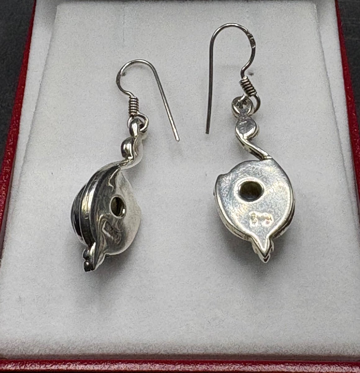 Paire De Boucles D’oreille En Argent Massif Et Cabochon De Labradorite Européen Des Années 1980-photo-4