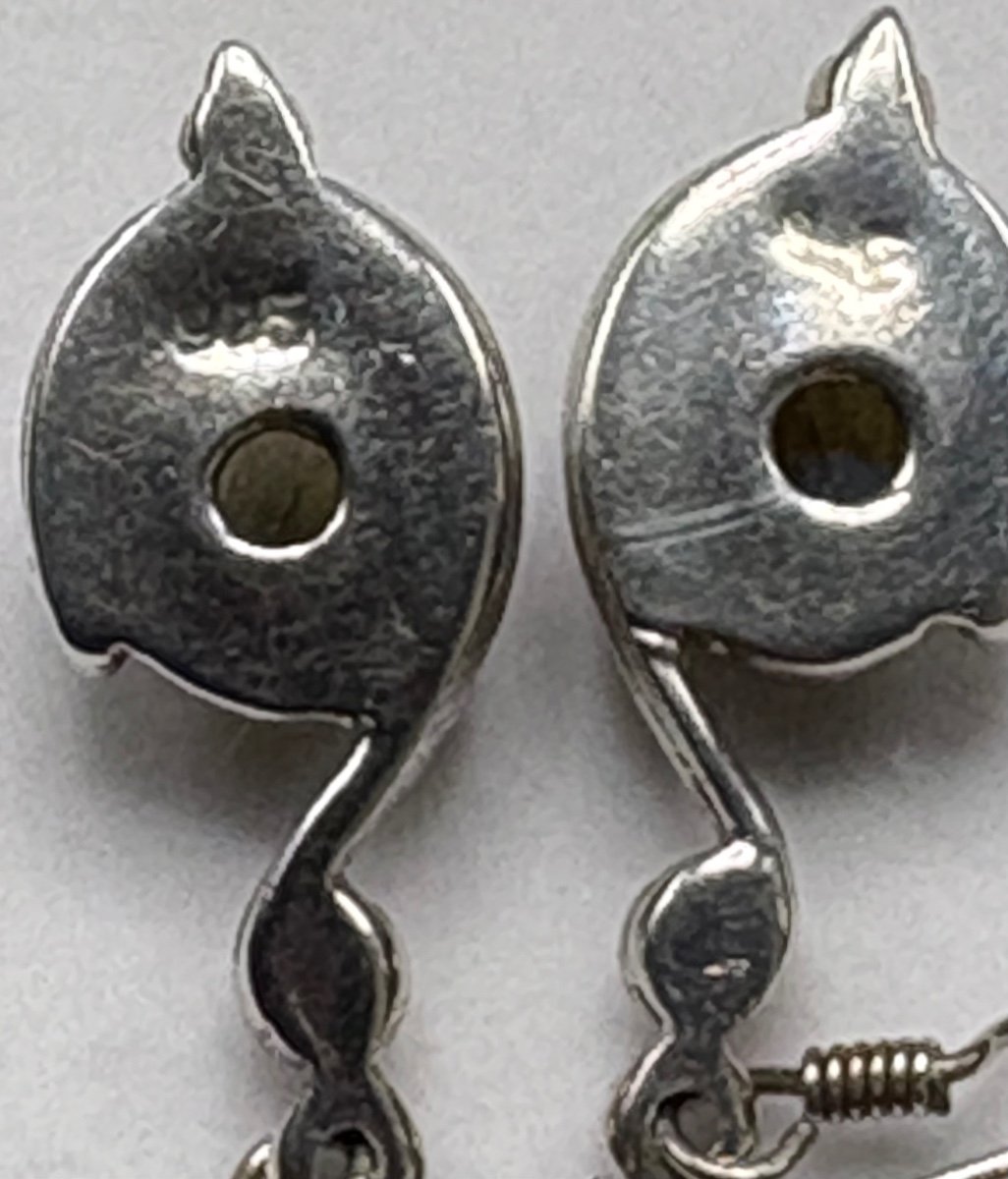 Paire De Boucles D’oreille En Argent Massif Et Cabochon De Labradorite Européen Des Années 1980-photo-3