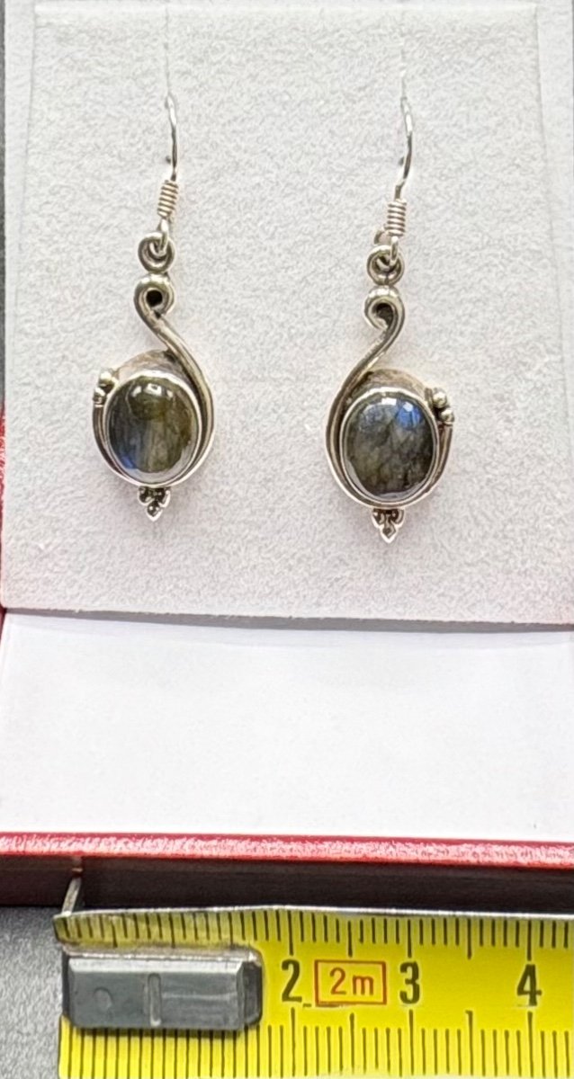 Paire De Boucles D’oreille En Argent Massif Et Cabochon De Labradorite Européen Des Années 1980-photo-4