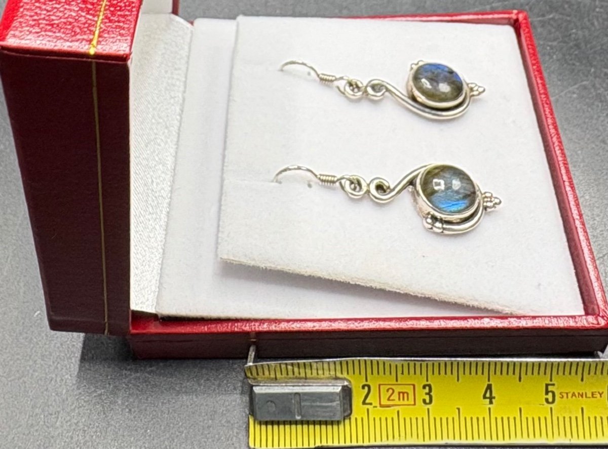 Paire De Boucles D’oreille En Argent Massif Et Cabochon De Labradorite Européen Des Années 1980-photo-5