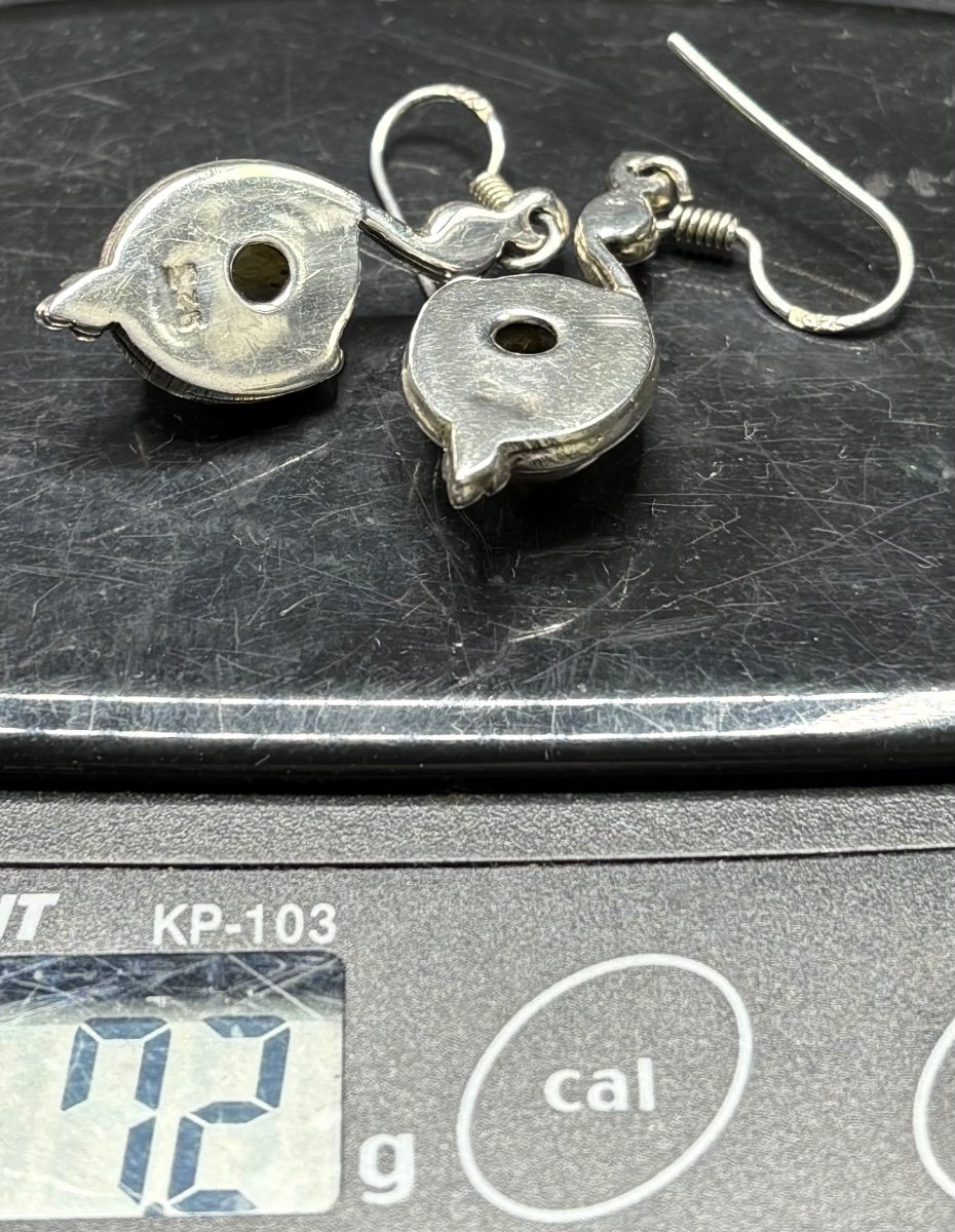 Paire De Boucles D’oreille En Argent Massif Et Cabochon De Labradorite Européen Des Années 1980-photo-6