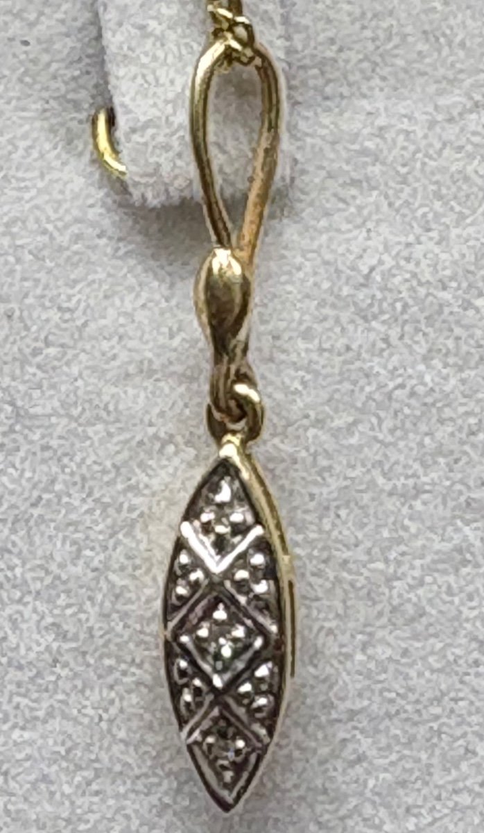 Pendentif Et Chaîne En Or 18 Carats Et 3 Petits Diamants, Français Des Années 1920/30-photo-4