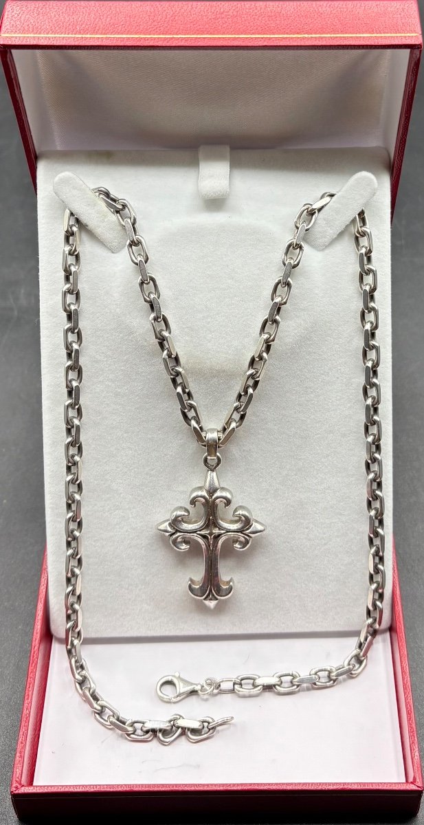 Cross And Its Chain In Solid Silver From The 1950s/60s, French-photo-2