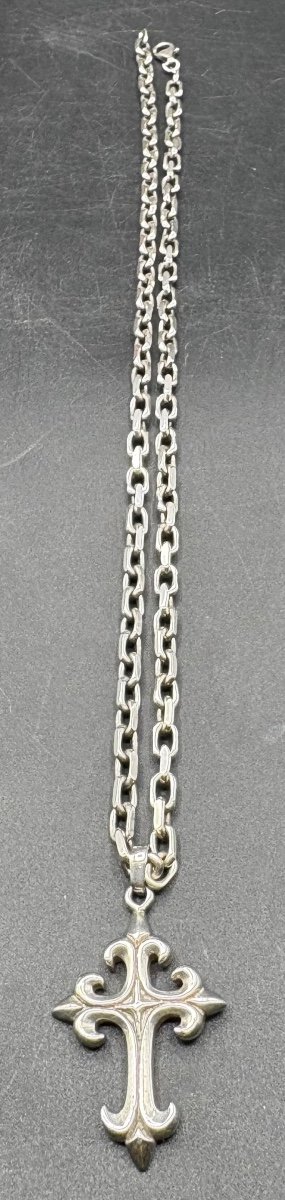 Cross And Its Chain In Solid Silver From The 1950s/60s, French-photo-3