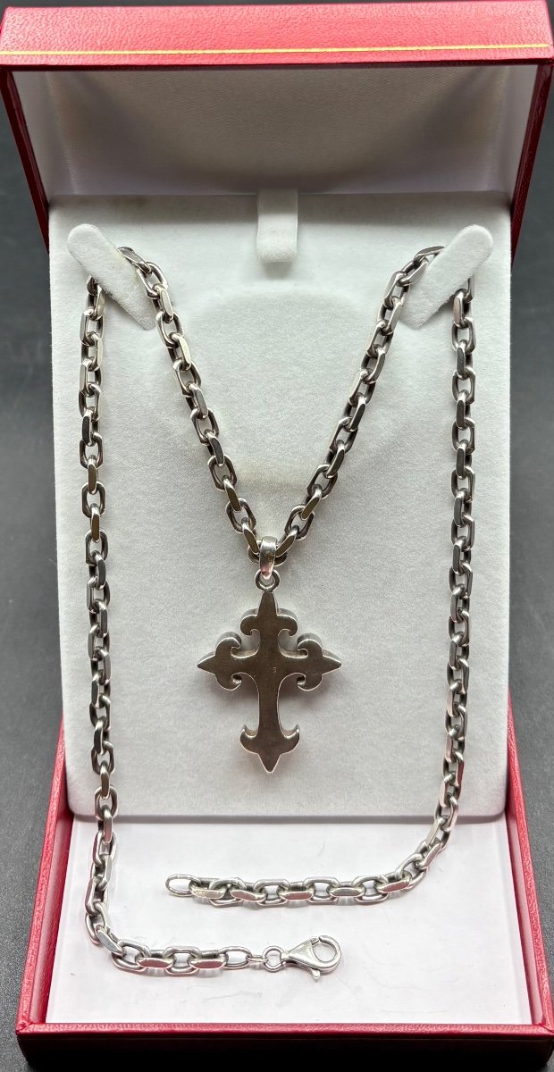 Cross And Its Chain In Solid Silver From The 1950s/60s, French-photo-4