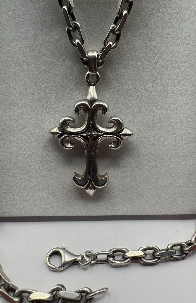 Cross And Its Chain In Solid Silver From The 1950s/60s, French-photo-1