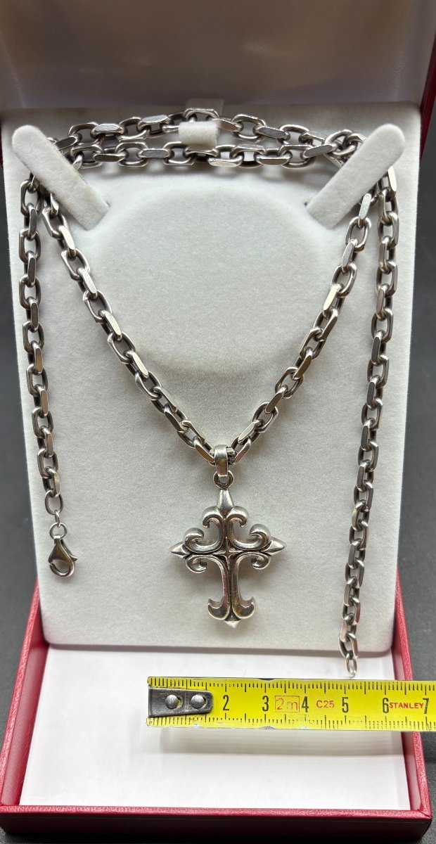 Cross And Its Chain In Solid Silver From The 1950s/60s, French-photo-6