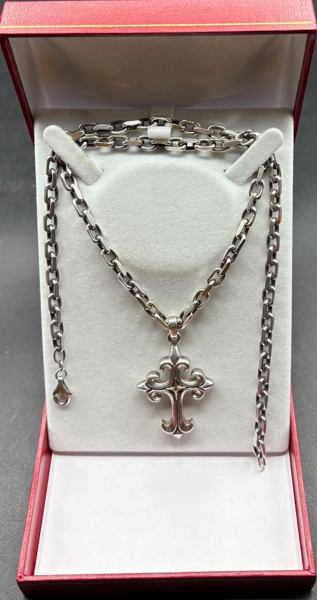 Cross And Its Chain In Solid Silver From The 1950s/60s, French