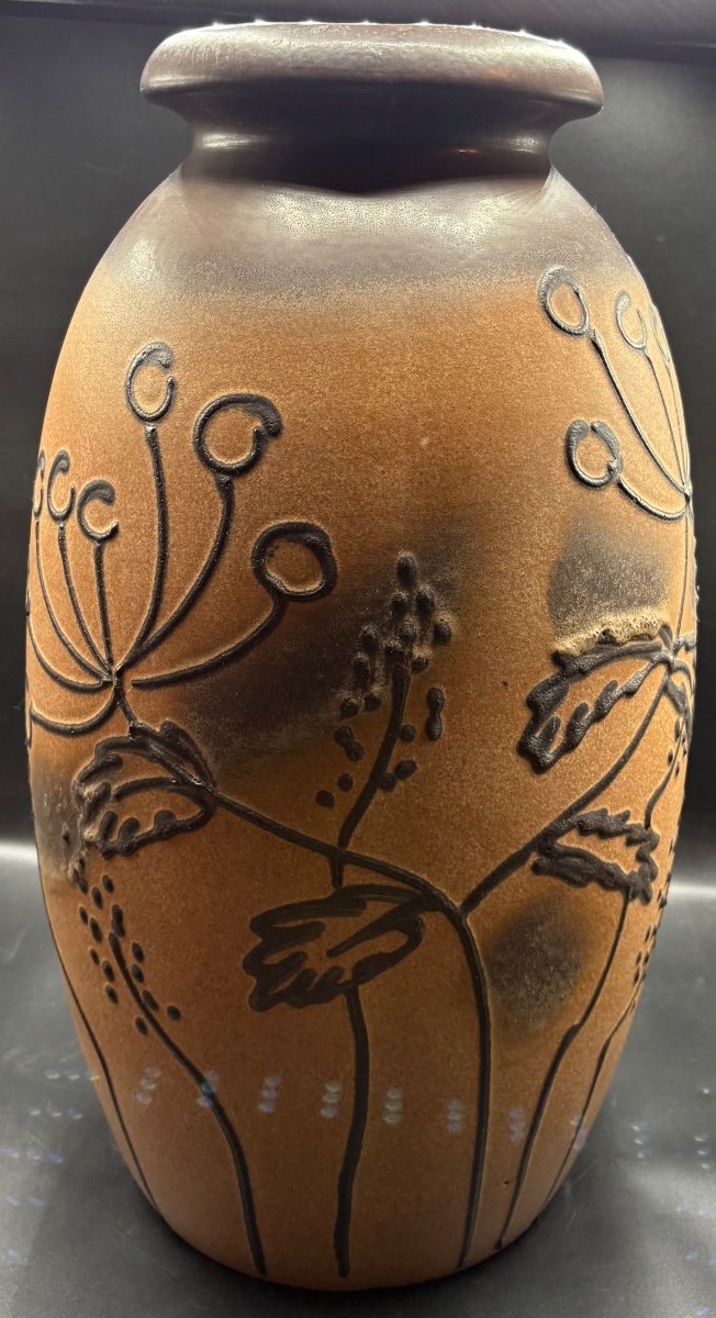 Large Glazed Ceramic Vase With Relief Decor From The 1960s By Scheurich Keramik -photo-4