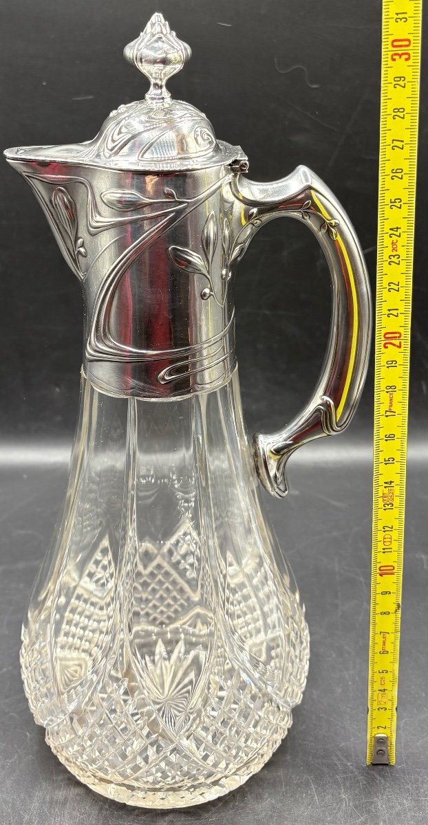 Large Ewer In Blown Cut Crystal And German Sterling Silver Circa 1900-photo-5