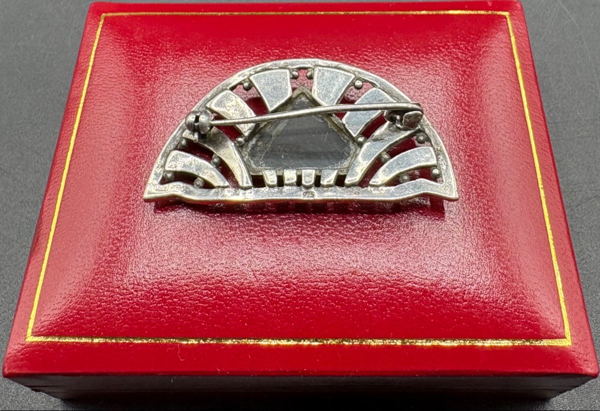 Broche En Argent Massif Plaque D’onyx Et Marcassites Des Années 1930 Européen-photo-3