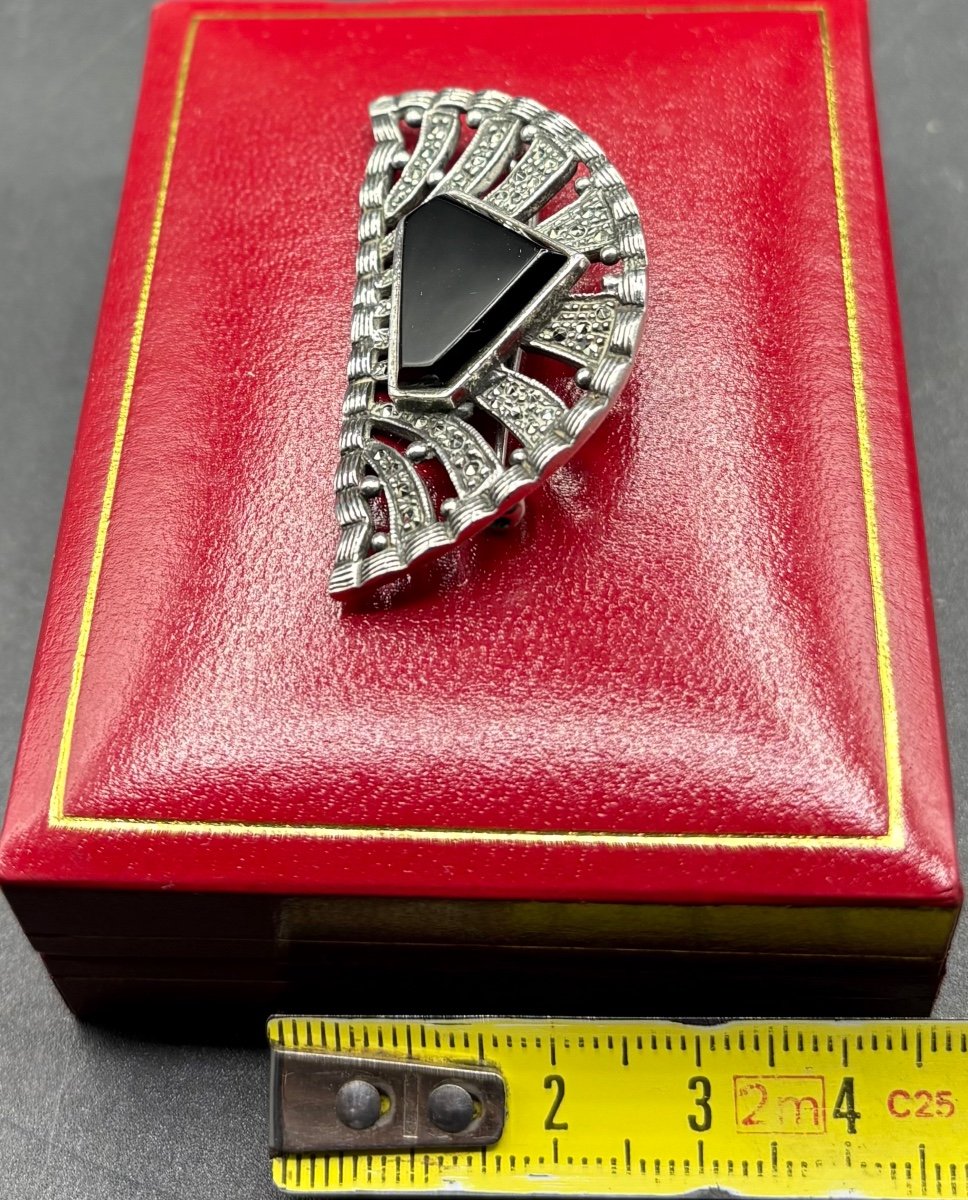 Broche En Argent Massif Plaque D’onyx Et Marcassites Des Années 1930 Européen-photo-5