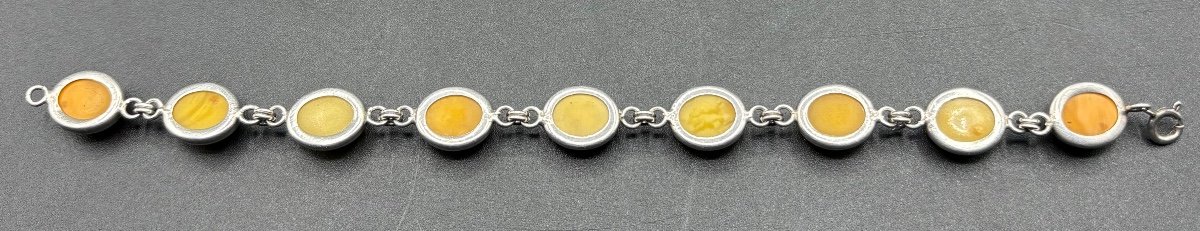 Bracelet Gourmette En Argent Massif Et Cabochons D’ambre Laiteuse Des Années 1970/80 Européenne-photo-2