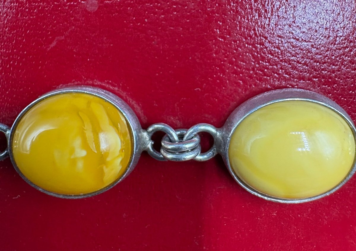 Bracelet Gourmette En Argent Massif Et Cabochons D’ambre Laiteuse Des Années 1970/80 Européenne-photo-4