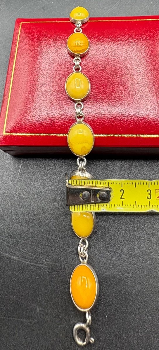 Bracelet Gourmette En Argent Massif Et Cabochons D’ambre Laiteuse Des Années 1970/80 Européenne-photo-1