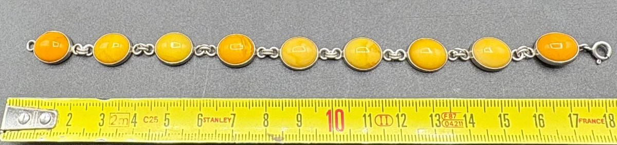 Bracelet Gourmette En Argent Massif Et Cabochons D’ambre Laiteuse Des Années 1970/80 Européenne-photo-2