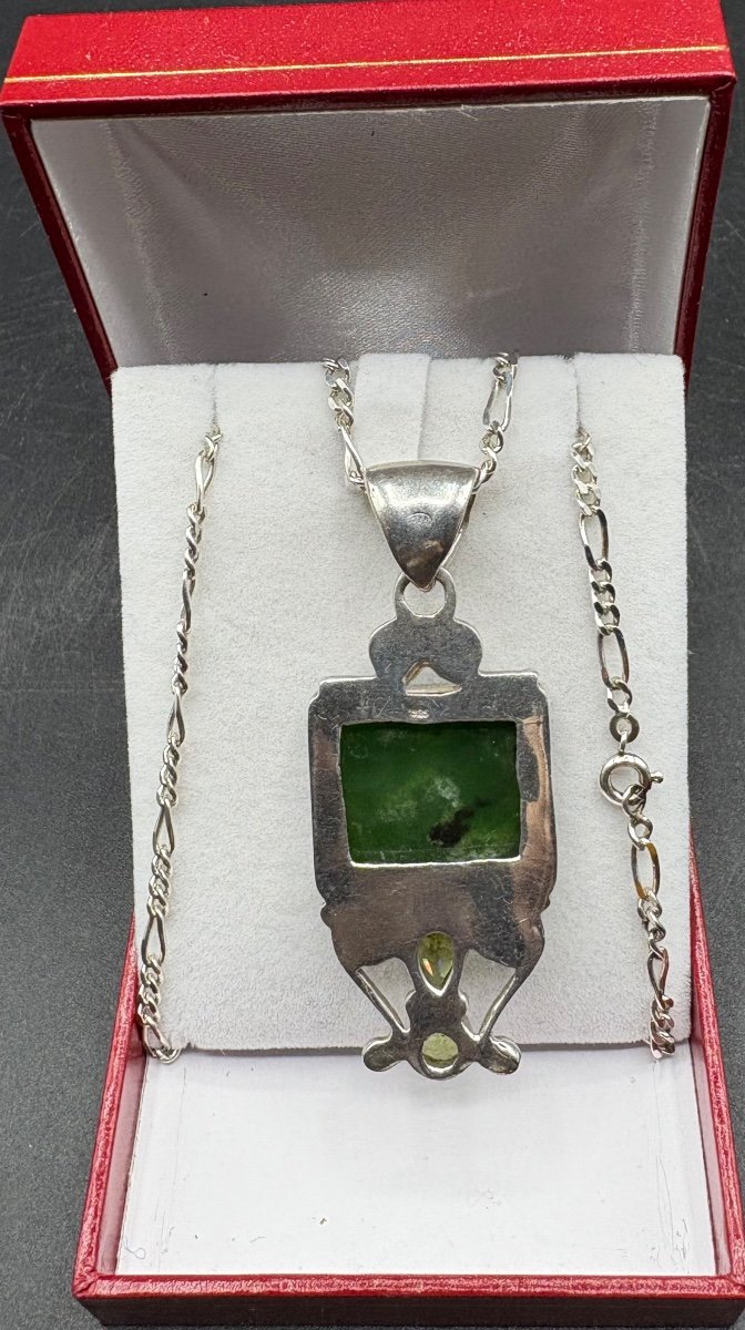 1970s/80s European Peridot And Jade Solid Silver Pendant-photo-2