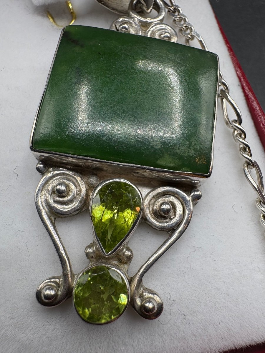 Pendentif En Argent Massif Péridots Et Jade Des Années 1970/80 Européen-photo-1