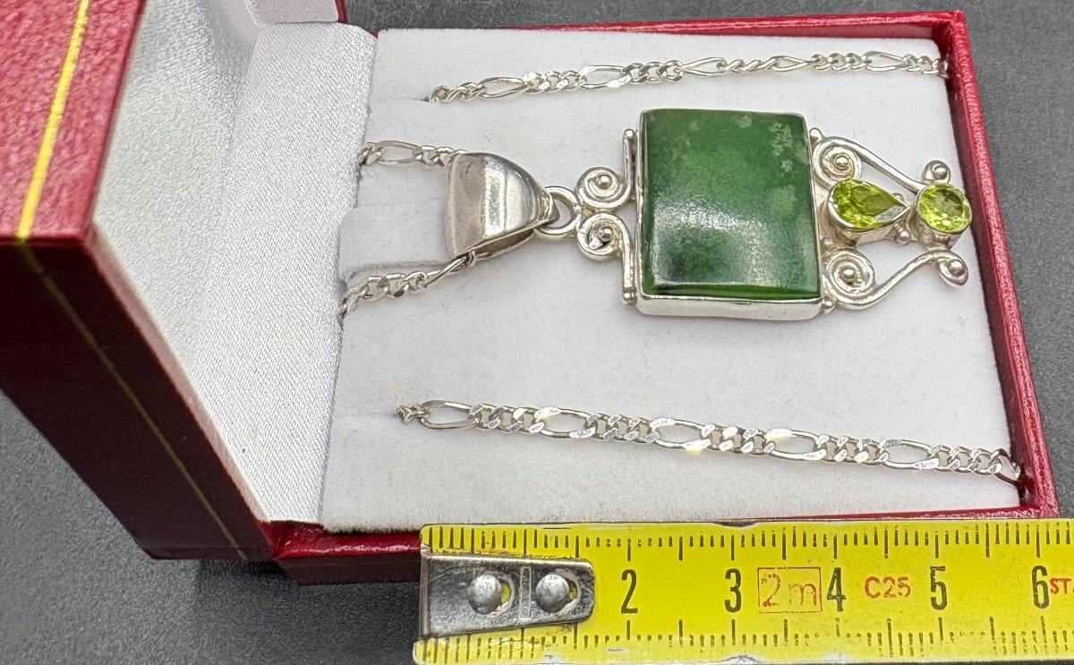 Pendentif En Argent Massif Péridots Et Jade Des Années 1970/80 Européen-photo-4