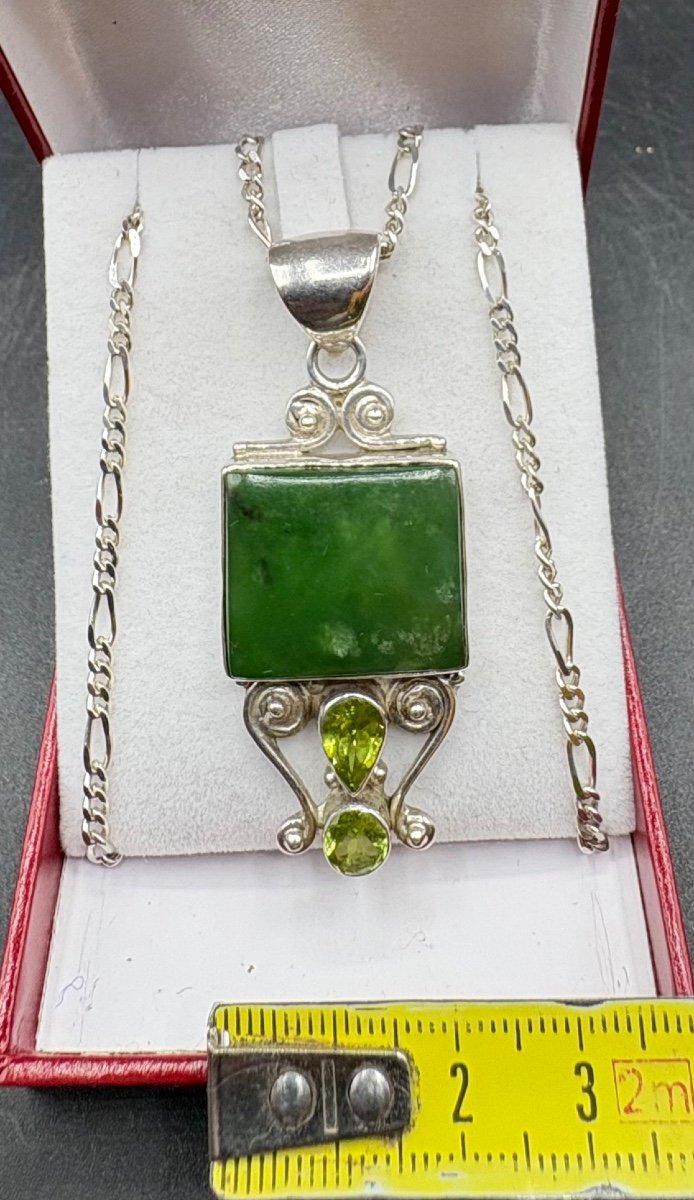 Pendentif En Argent Massif Péridots Et Jade Des Années 1970/80 Européen-photo-5