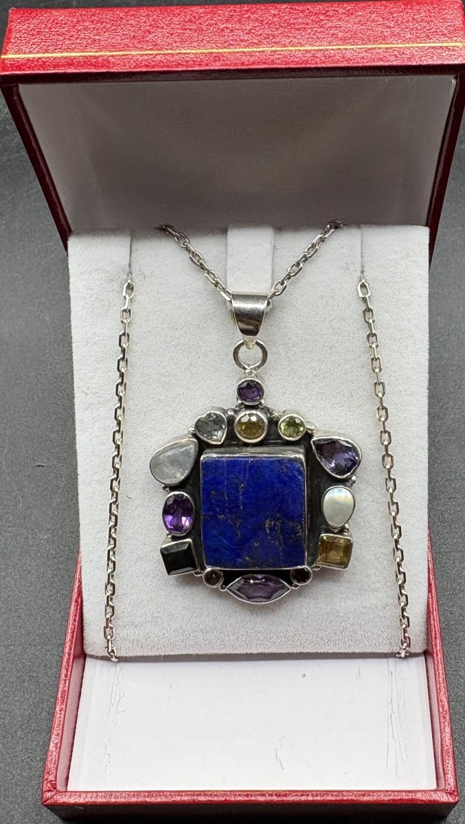 A Solid Silver Pendant With Hard And Semi-precious Stones From The 1970s/80s French