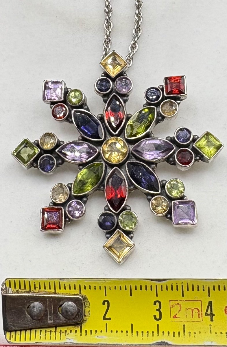 Pendentif En Argent Massif Et Pierres Semi-Précieuses Des Années 1970/80 Européenne-photo-7