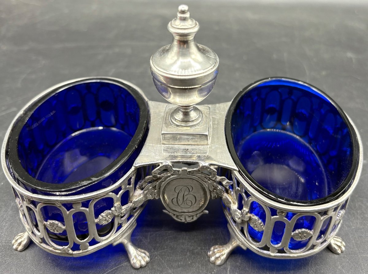 Double Salt Cellar In Solid Silver And Sevres Crystal, 18th Century French - Paris