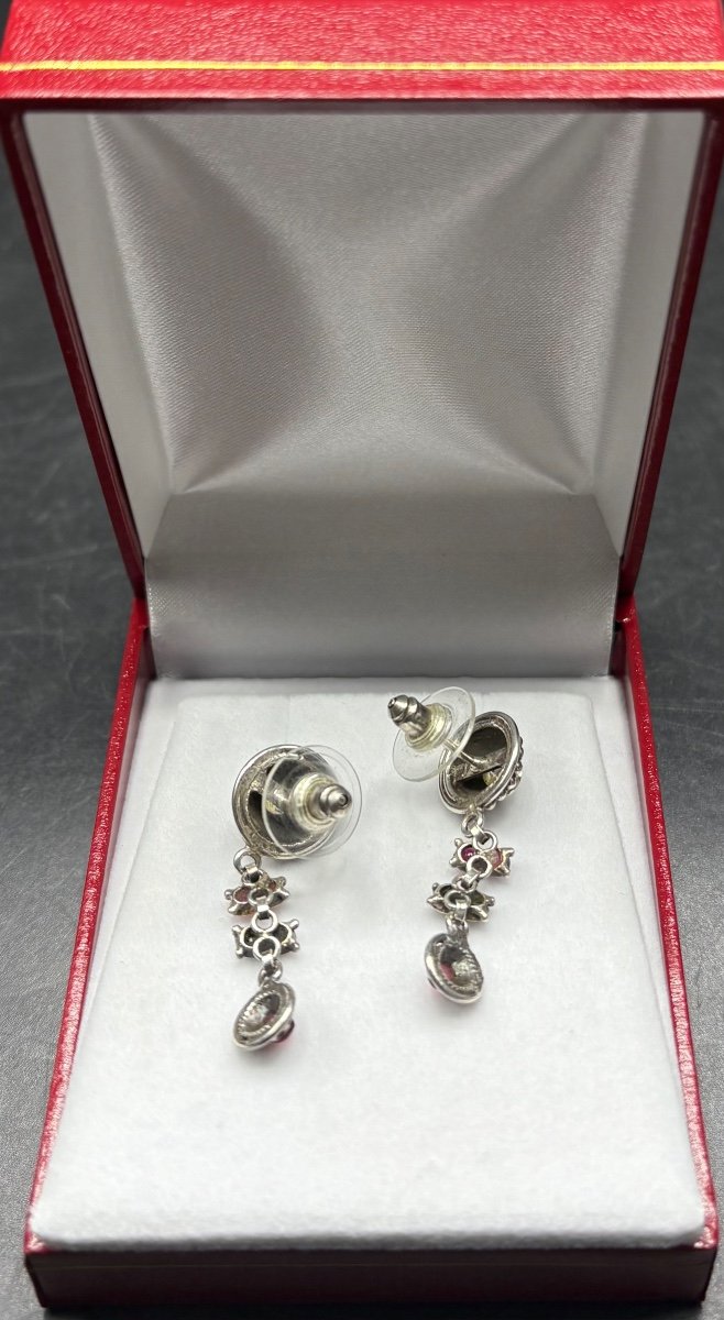 Pair Of Sterling Silver, Onyx Garnets And Foreign Quartz Earrings Circa 1980-photo-4