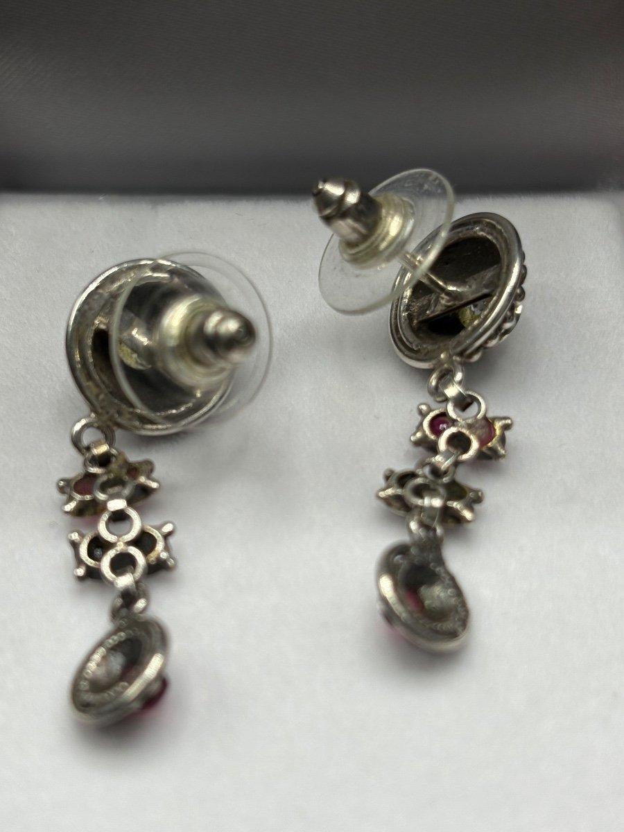 Pair Of Sterling Silver, Onyx Garnets And Foreign Quartz Earrings Circa 1980-photo-1