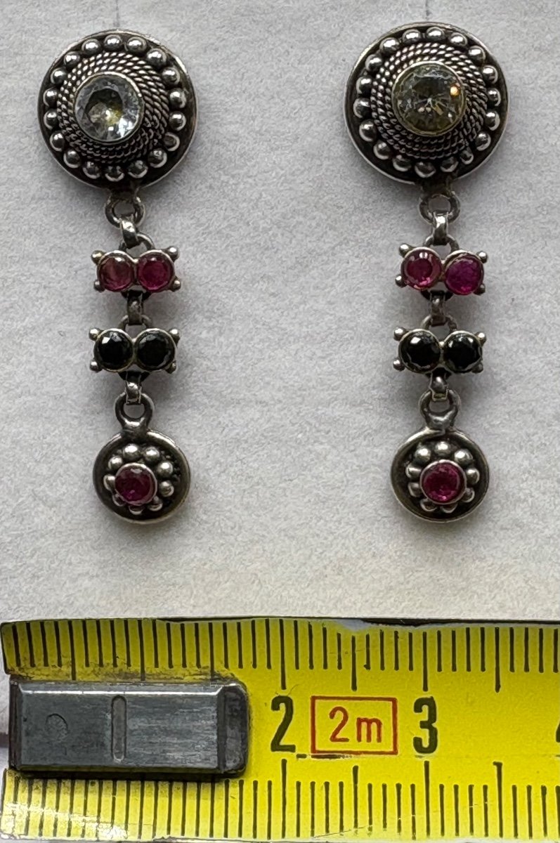 Pair Of Sterling Silver, Onyx Garnets And Foreign Quartz Earrings Circa 1980-photo-4