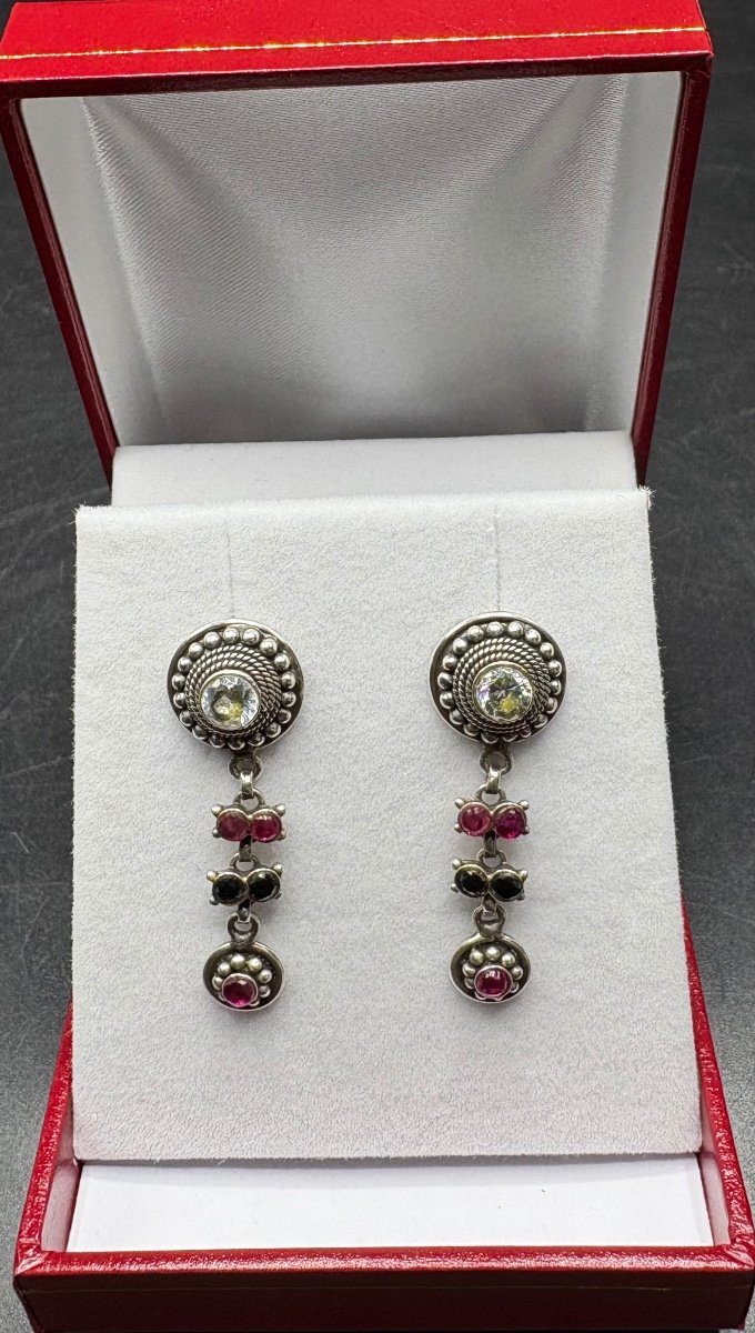 Pair Of Sterling Silver, Onyx Garnets And Foreign Quartz Earrings Circa 1980