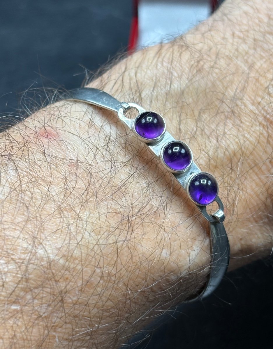 Sterling Silver Bracelet With Three Finnish Amethyst Cabochons From The Year 1962-photo-2