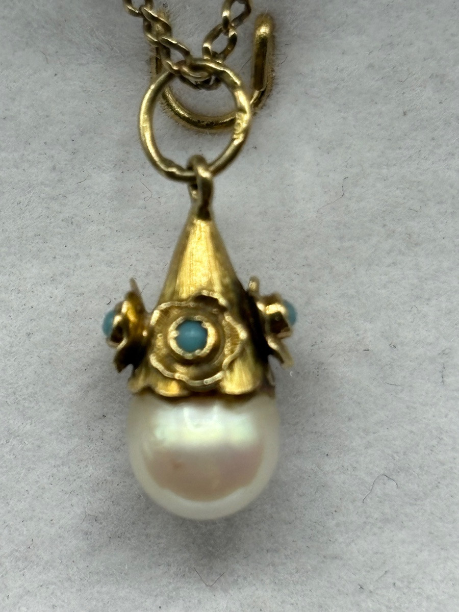 1920s French Natural Pearl And Turquoise 18k Gold Pendant-photo-2