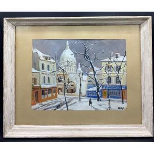 Gouache View Of Montmartre Under La Neige By Favin