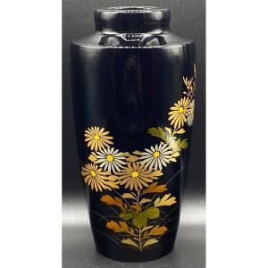 Japanese Vase In Enameled Lacquered Carved Wood 1940/50