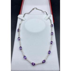 Sterling Silver Necklace With Amethysts And Zirconium Oxides Circa 1940/50