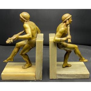 Pair Of Bronze Bookends And Golden Marble Base Circa 1900