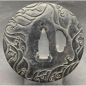 Early 19th Century Japanese Tsuba In Patinated Chiseled Brass 