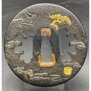 Tsuba Japonais Fin XVIIIème En Airain Et Dinanderie De Cuivre Doré 