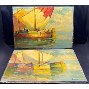 Pair Of Oil On Canvas Fixed On Cardboard From The 1900s By Schastlivy