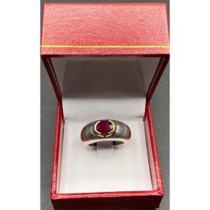 Bague Jonc Argent Massif Et Or Et Rubis Français Des Années 1930