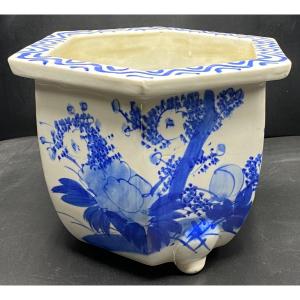 Painted Enameled Porcelain Planter, Blue White, From Japan Circa 1930