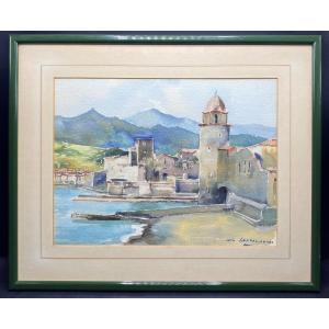 Watercolor On Collioure By Louis Lasbouygues Around 1980