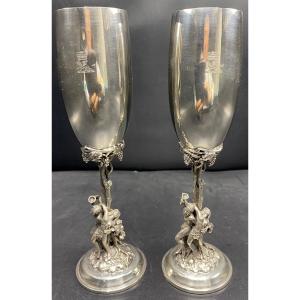 Pair Of Champagne Flutes In Sterling Silver From The 1940s/50s