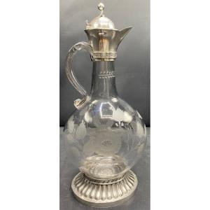 Ewer In Engraved Blown Glass And Mounts In Greek Sterling Silver Beginning 19th Century Smyrna 