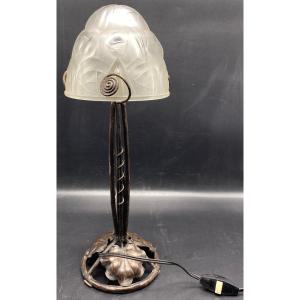 Accent Lamp In Patinated Wrought Iron And Molded Pressed Glass By Degué From The 1920s