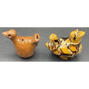 Two French Enameled Terracotta Calls From The 1900s