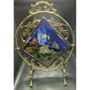 Gilt Bronze Fire Screen French Painted Mirror Art Nouveau Circa 1900